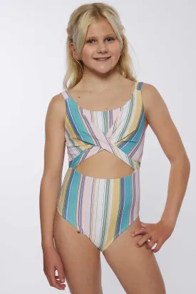 GIRL'S BAJA STRIPE TWIST FRONT ONE PIECE