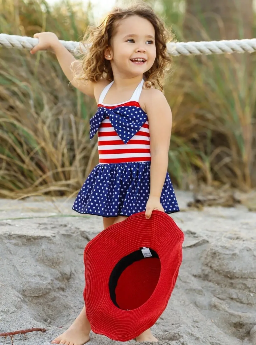 Girls For the Stars and Stripes One Piece Swimsuit with Headband
