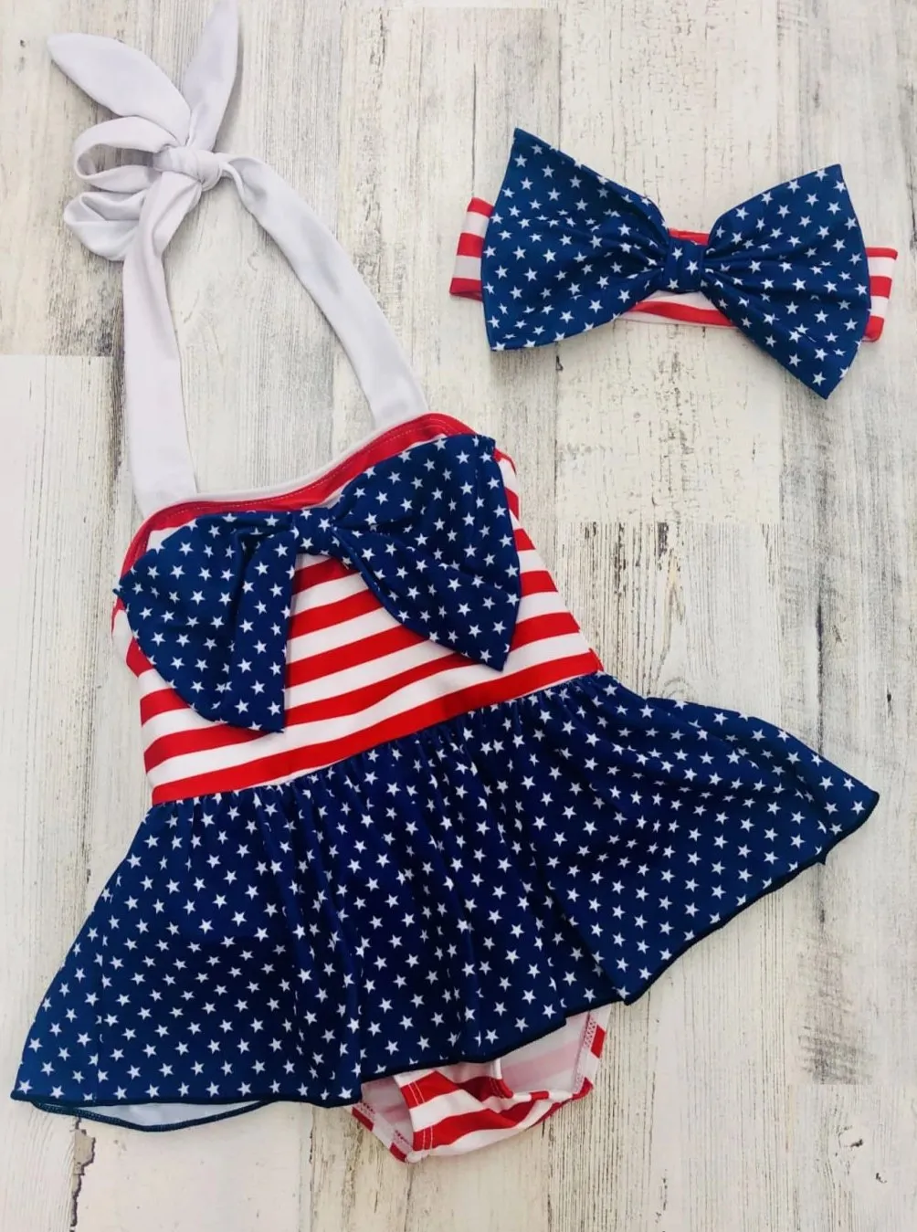 Girls For the Stars and Stripes One Piece Swimsuit with Headband