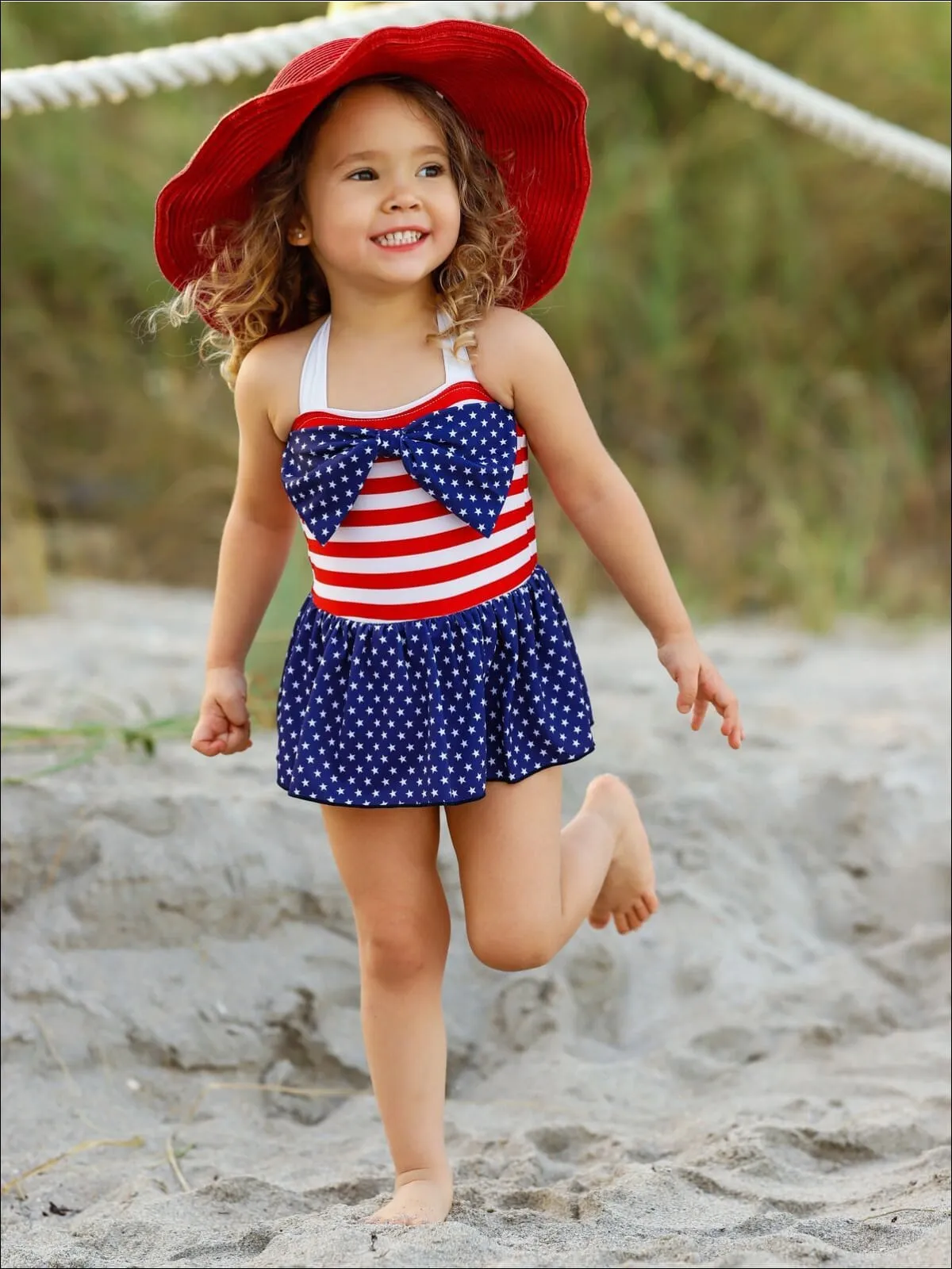 Girls For the Stars and Stripes One Piece Swimsuit with Headband