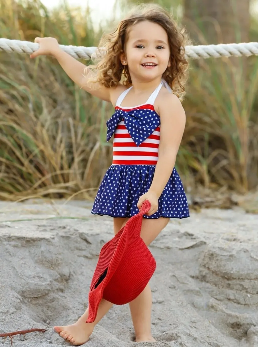 Girls For the Stars and Stripes One Piece Swimsuit with Headband
