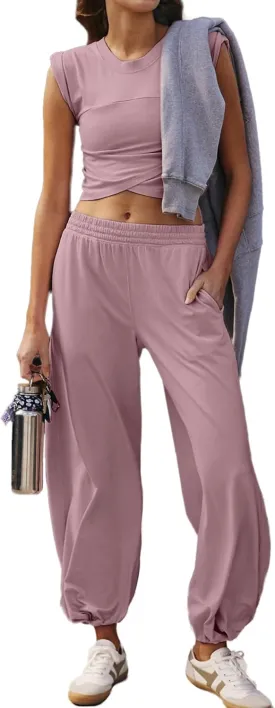 Glamaker Women's Two Piece Athletic Sets Casual Workout Sleeveless Cropped Tops High Sweatpants Joggers Tracksuits