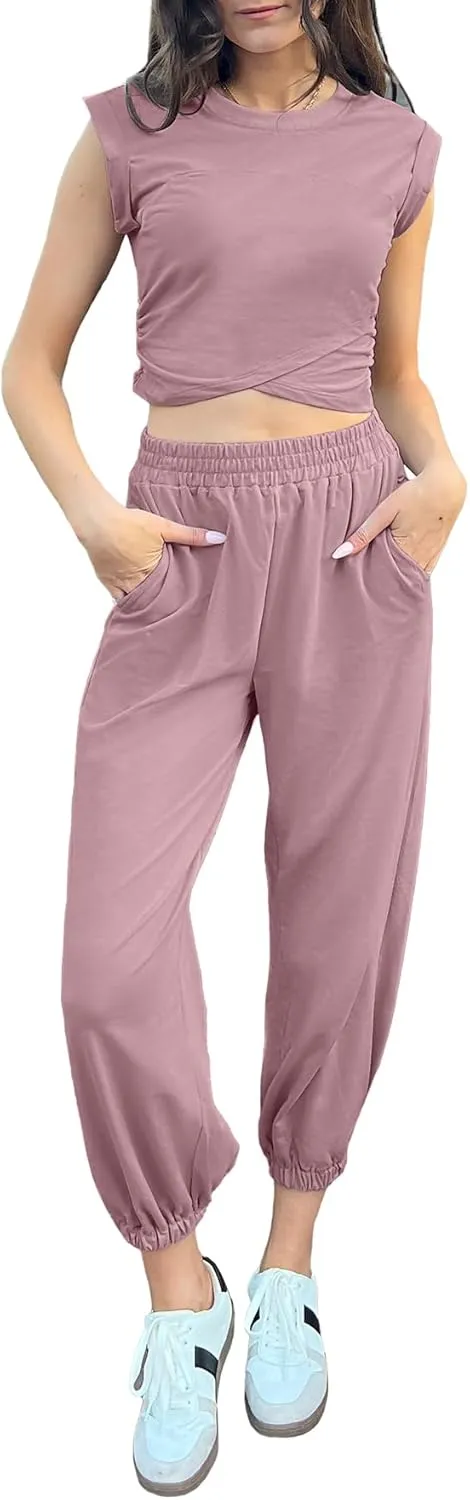 Glamaker Women's Two Piece Athletic Sets Casual Workout Sleeveless Cropped Tops High Sweatpants Joggers Tracksuits