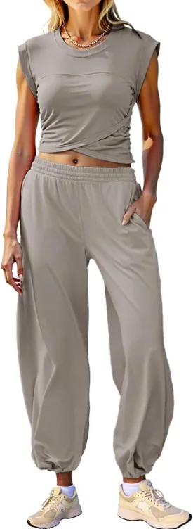 Glamaker Women's Two Piece Athletic Sets Casual Workout Sleeveless Cropped Tops High Sweatpants Joggers Tracksuits