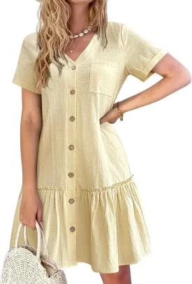 HOTOUCH Women Button Down Dress Loose Summer Cotton Linen Dress Ruffle Hem Casual Dress Short Sleeve Tunic Dress