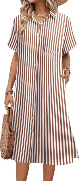 HOTOUCH Women Dress Summer Casual Midi Short Sleeve Button Down Linen Shirt Beach Cover Up Dress