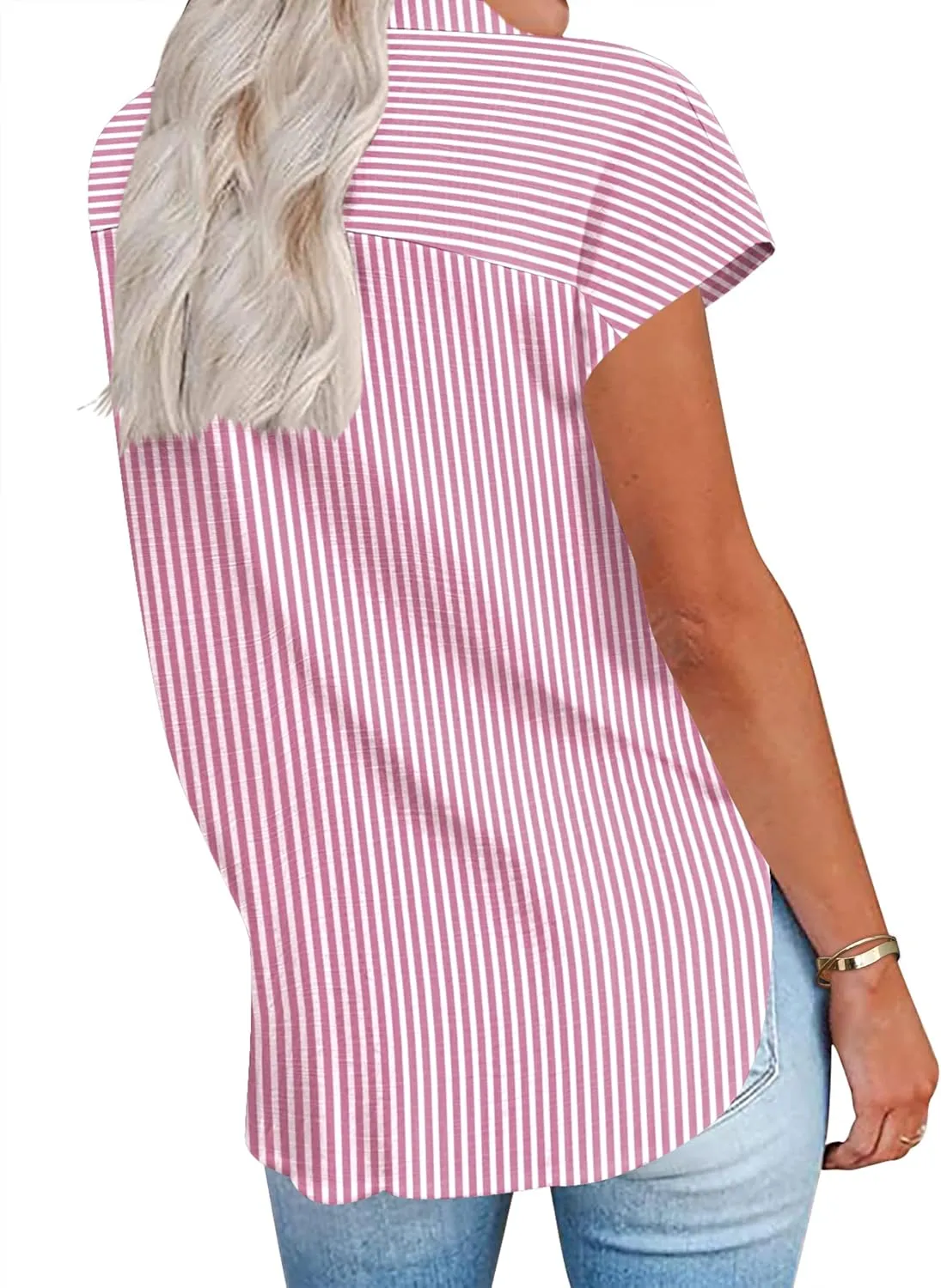 HOTOUCH Womens Linen Button Down Shirt Casual V Neck Cap Sleeve Blouses Summer Cotton Collared Tops S-3XL