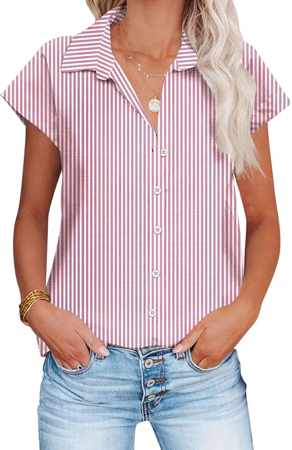 HOTOUCH Womens Linen Button Down Shirt Casual V Neck Cap Sleeve Blouses Summer Cotton Collared Tops S-3XL