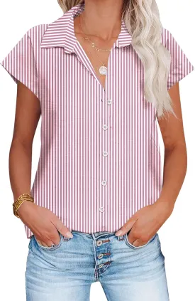 HOTOUCH Womens Linen Button Down Shirt Casual V Neck Cap Sleeve Blouses Summer Cotton Collared Tops S-3XL