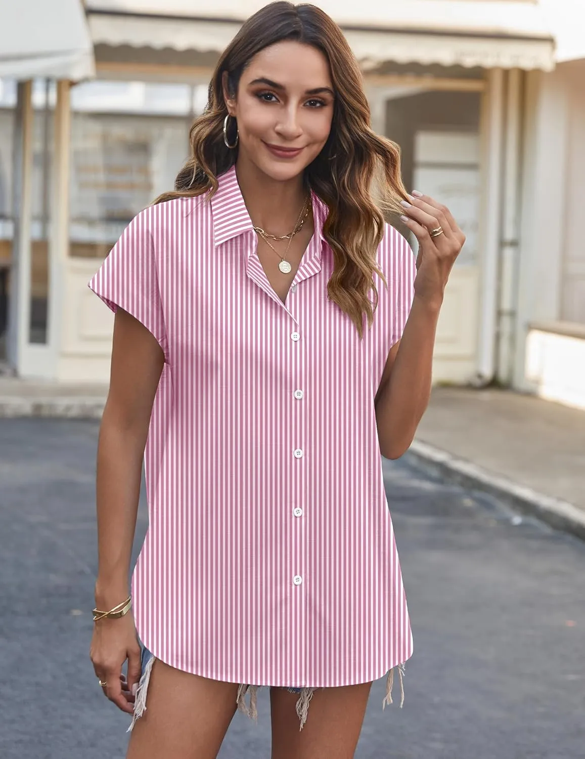 HOTOUCH Womens Linen Button Down Shirt Casual V Neck Cap Sleeve Blouses Summer Cotton Collared Tops S-3XL