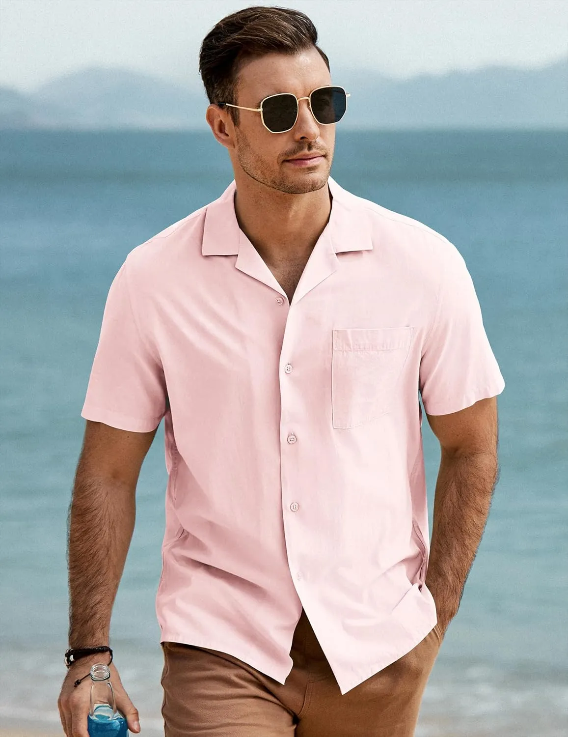 JMIERR Mens Linen Shirts Casual Short Sleeve Button Down Shirts Wrinkle Free Vacation Beach Summer Tops