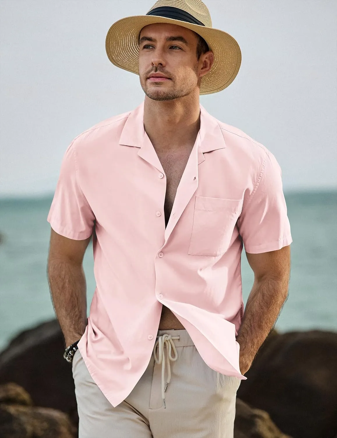 JMIERR Mens Linen Shirts Casual Short Sleeve Button Down Shirts Wrinkle Free Vacation Beach Summer Tops