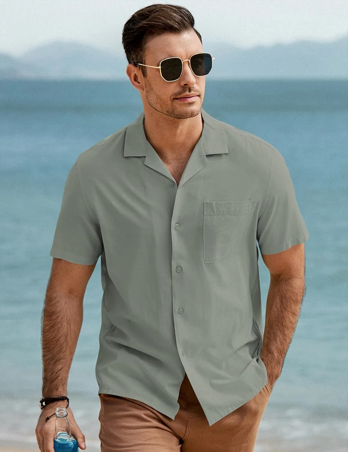 JMIERR Mens Linen Shirts Casual Short Sleeve Button Down Shirts Wrinkle Free Vacation Beach Summer Tops