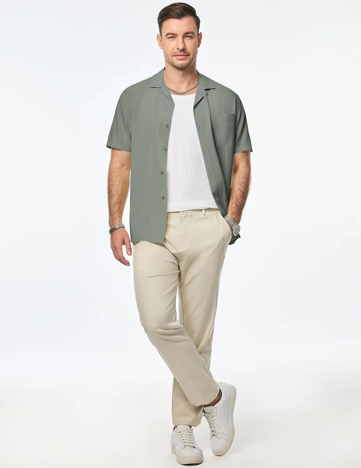 JMIERR Mens Linen Shirts Casual Short Sleeve Button Down Shirts Wrinkle Free Vacation Beach Summer Tops