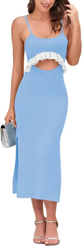 Jusfitsu Women's Summer Sexy Spaghetti Strap Dress Cutout Ruffle Scoop Neck Vacation Midi Dress