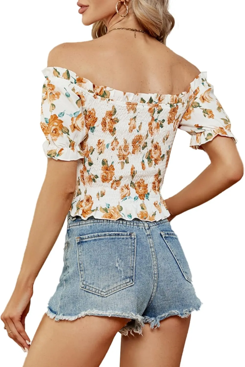 LYANER Women's Off Shoulder Shirred Short Sleeve Crop Blouse Tee Top