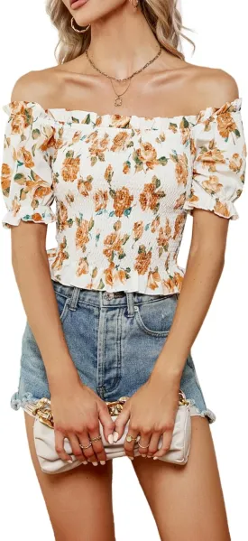 LYANER Women's Off Shoulder Shirred Short Sleeve Crop Blouse Tee Top