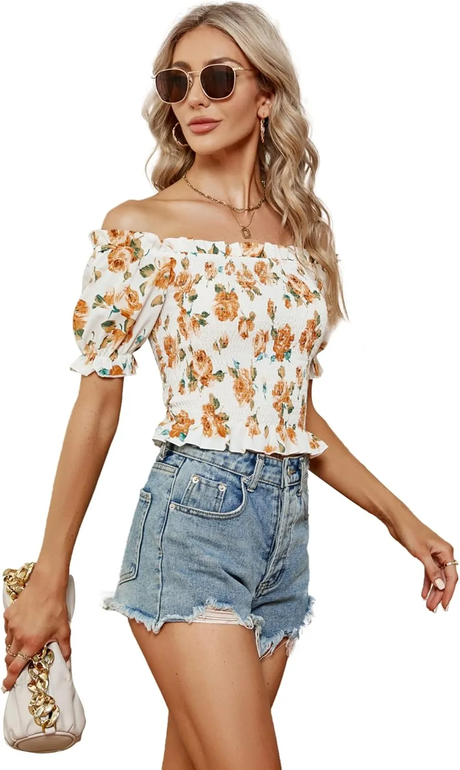 LYANER Women's Off Shoulder Shirred Short Sleeve Crop Blouse Tee Top