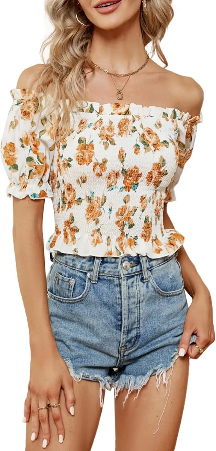 LYANER Women's Off Shoulder Shirred Short Sleeve Crop Blouse Tee Top
