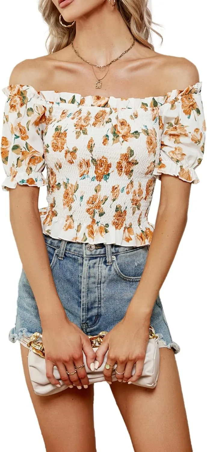 LYANER Women's Off Shoulder Shirred Short Sleeve Crop Blouse Tee Top