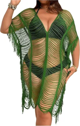 Milumia Women's Plus Size Color Block Open Stitch Dolman Sleeve Fringe Hem Cover Up Dress