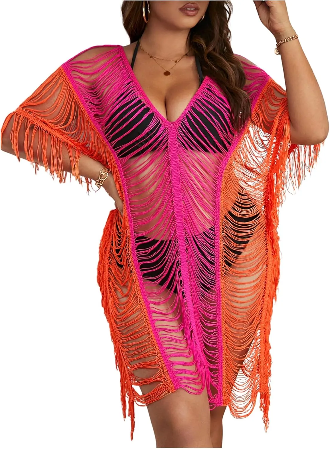Milumia Women's Plus Size Color Block Open Stitch Dolman Sleeve Fringe Hem Cover Up Dress