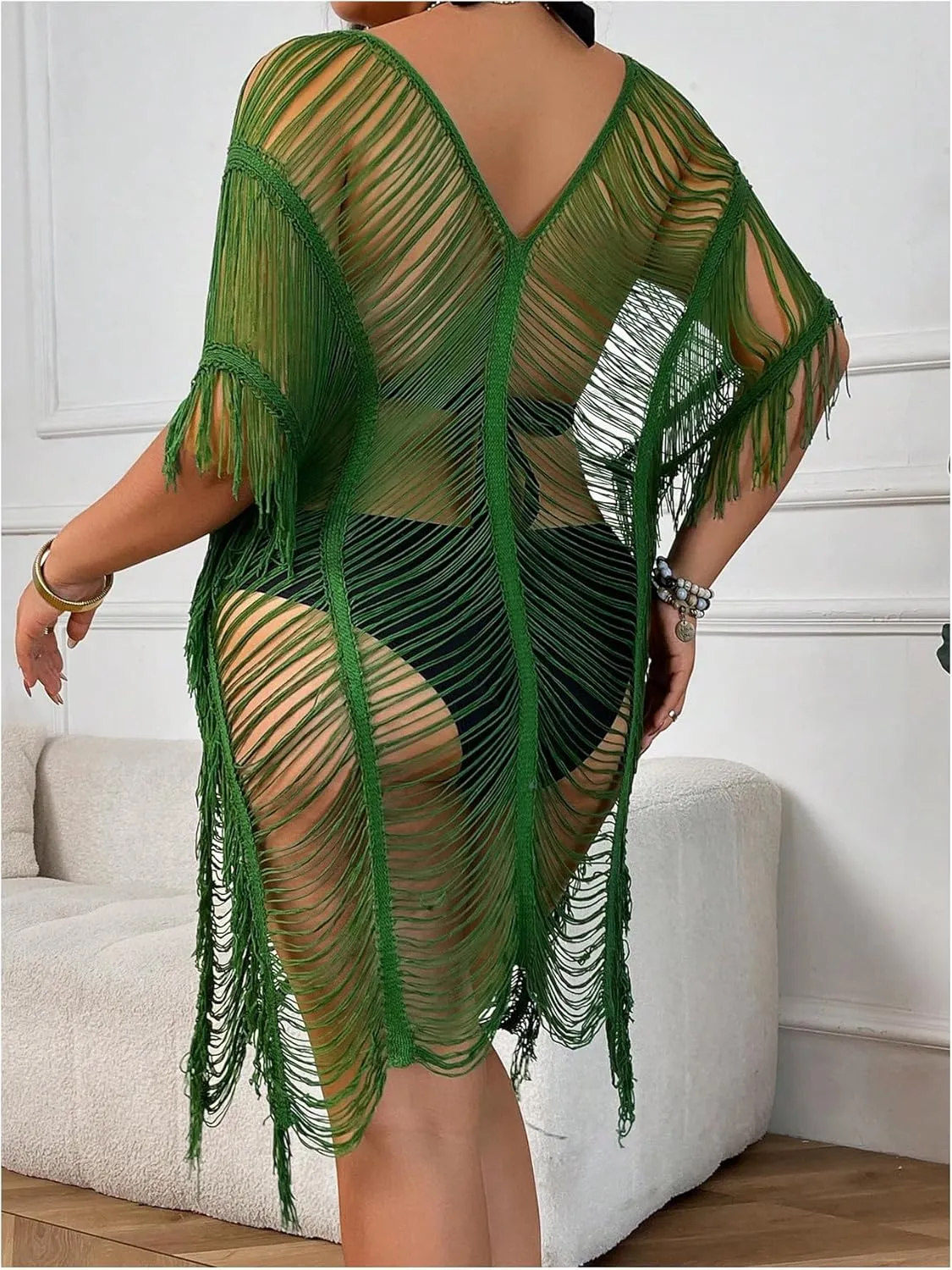 Milumia Women's Plus Size Color Block Open Stitch Dolman Sleeve Fringe Hem Cover Up Dress