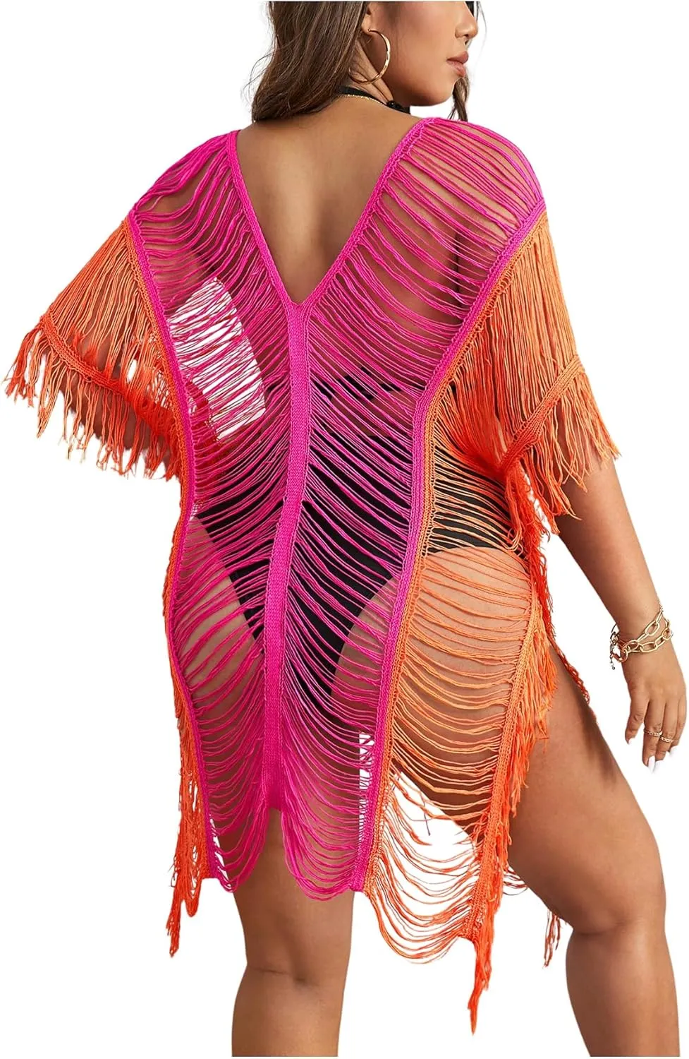 Milumia Women's Plus Size Color Block Open Stitch Dolman Sleeve Fringe Hem Cover Up Dress