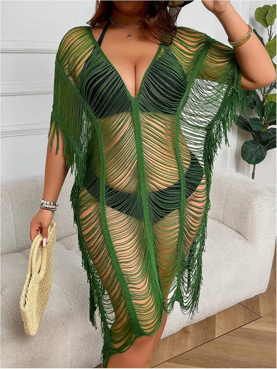 Milumia Women's Plus Size Color Block Open Stitch Dolman Sleeve Fringe Hem Cover Up Dress
