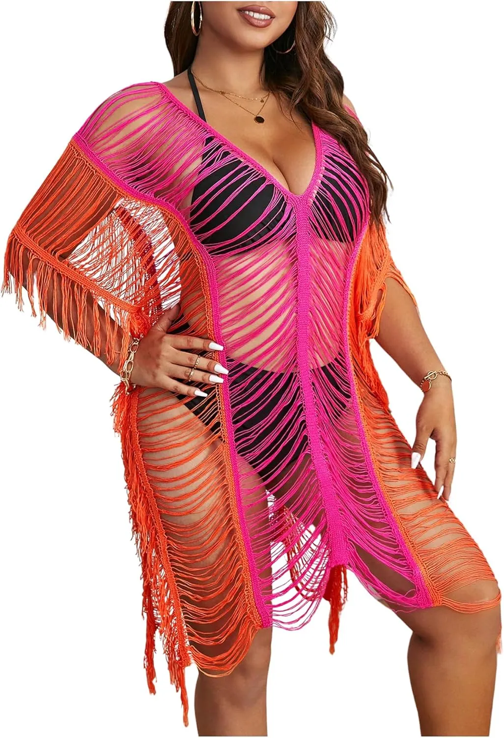 Milumia Women's Plus Size Color Block Open Stitch Dolman Sleeve Fringe Hem Cover Up Dress