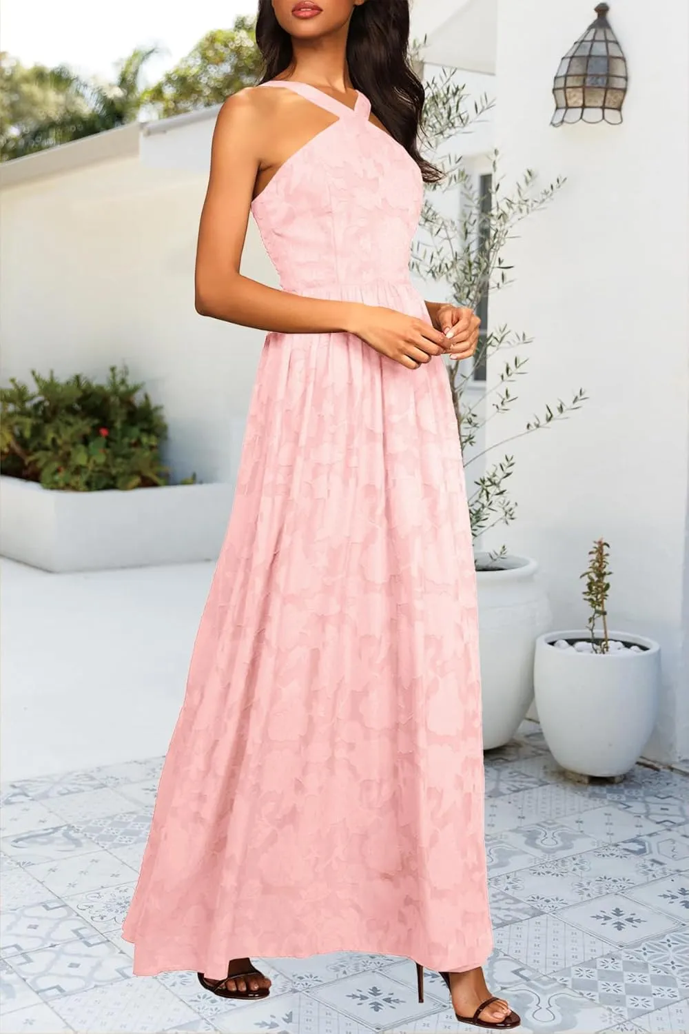 MITILLY Women's Summer Dresses 2025 Boho Halter Neck Sleeveless Smocked Floral Backless A Line Flowy Maxi Dress with Pockets