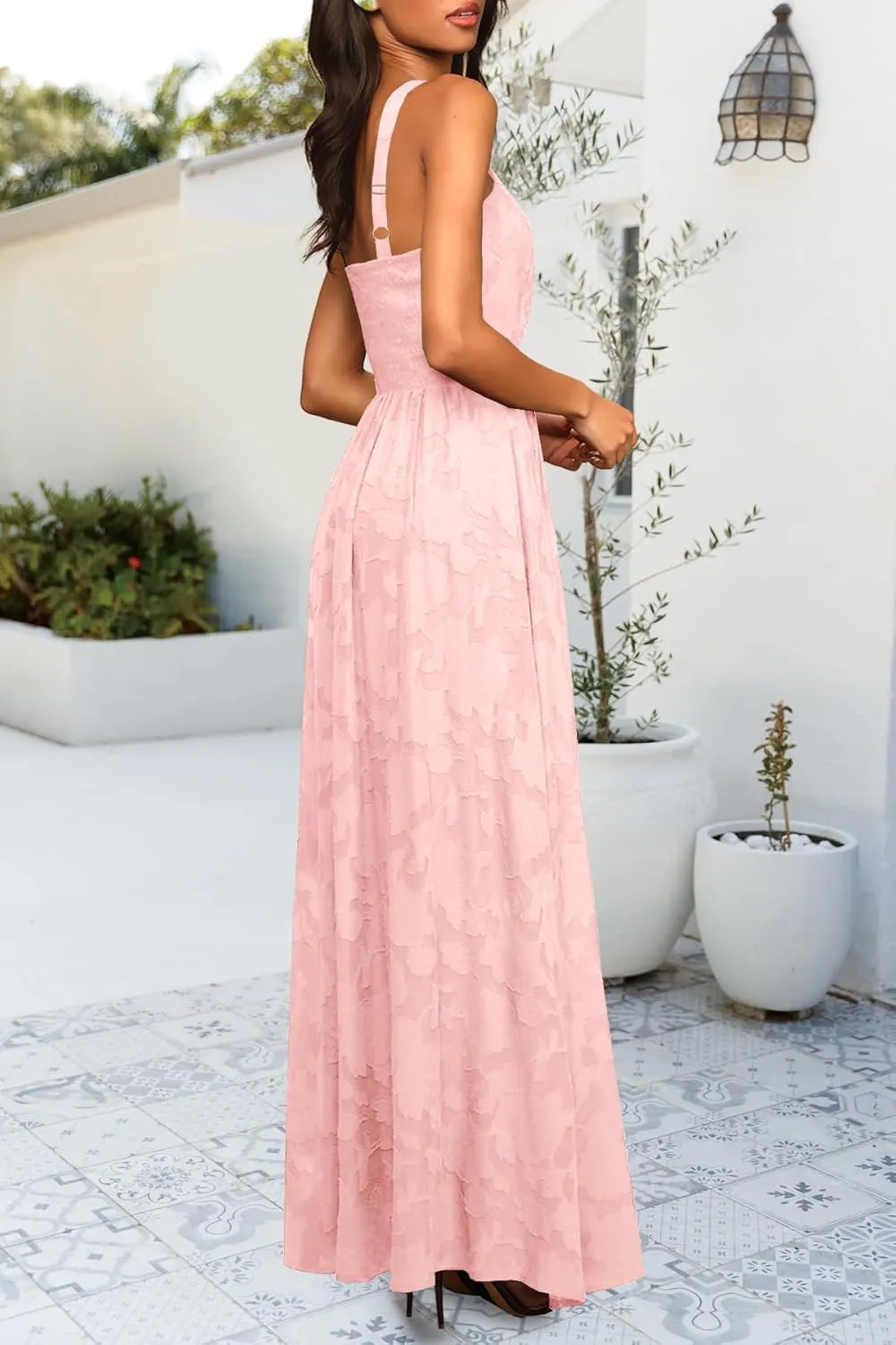 MITILLY Women's Summer Dresses 2025 Boho Halter Neck Sleeveless Smocked Floral Backless A Line Flowy Maxi Dress with Pockets