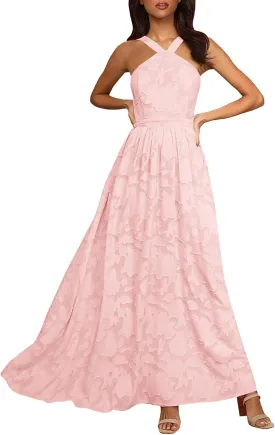 MITILLY Women's Summer Dresses 2025 Boho Halter Neck Sleeveless Smocked Floral Backless A Line Flowy Maxi Dress with Pockets