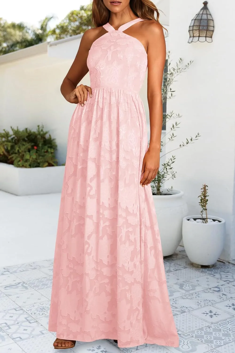 MITILLY Women's Summer Dresses 2025 Boho Halter Neck Sleeveless Smocked Floral Backless A Line Flowy Maxi Dress with Pockets