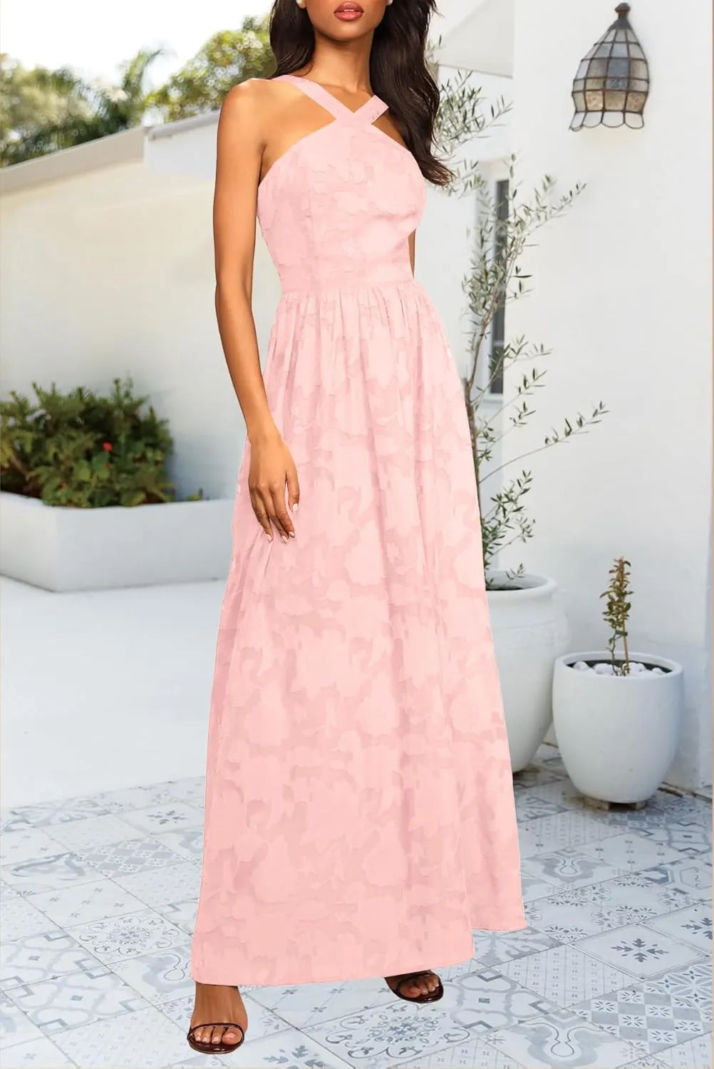 MITILLY Women's Summer Dresses 2025 Boho Halter Neck Sleeveless Smocked Floral Backless A Line Flowy Maxi Dress with Pockets