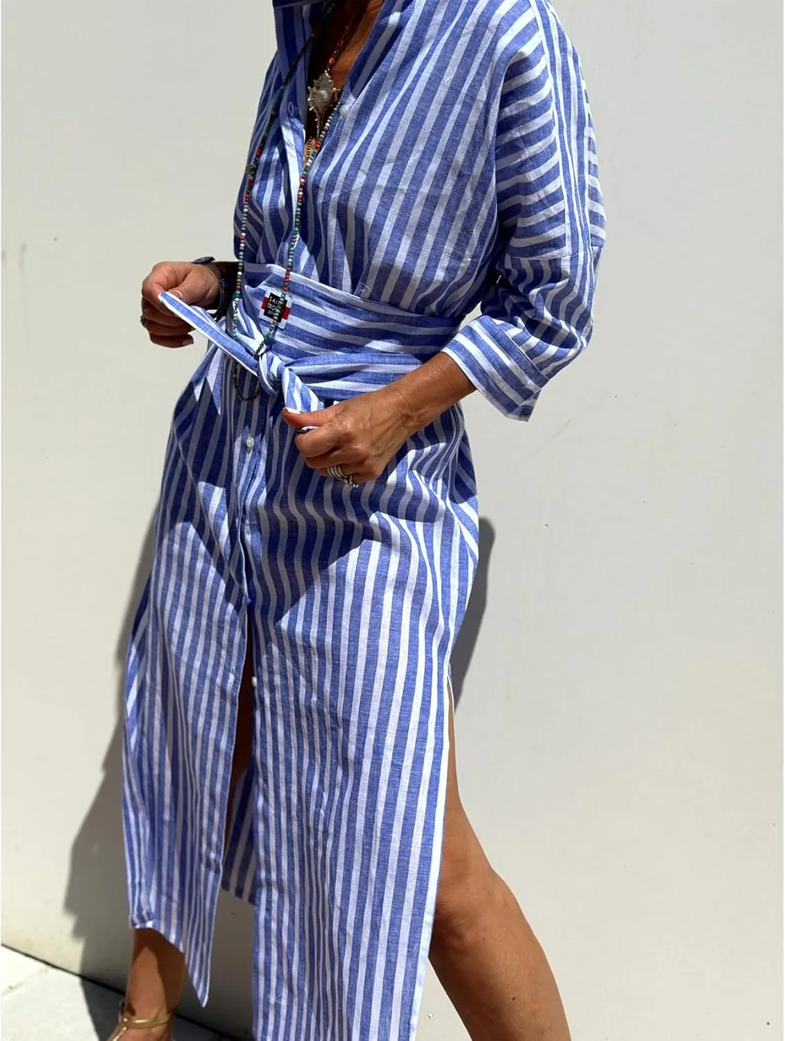 Perbai Women's Striped Button Down Long Shirt Dress Casual V Neck 3/4 Sleeve Belted Split Maxi Tunic Dresses
