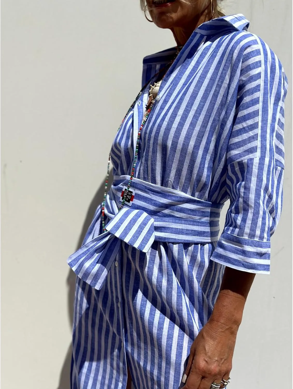 Perbai Women's Striped Button Down Long Shirt Dress Casual V Neck 3/4 Sleeve Belted Split Maxi Tunic Dresses