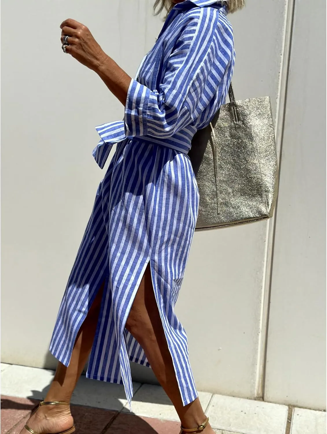 Perbai Women's Striped Button Down Long Shirt Dress Casual V Neck 3/4 Sleeve Belted Split Maxi Tunic Dresses