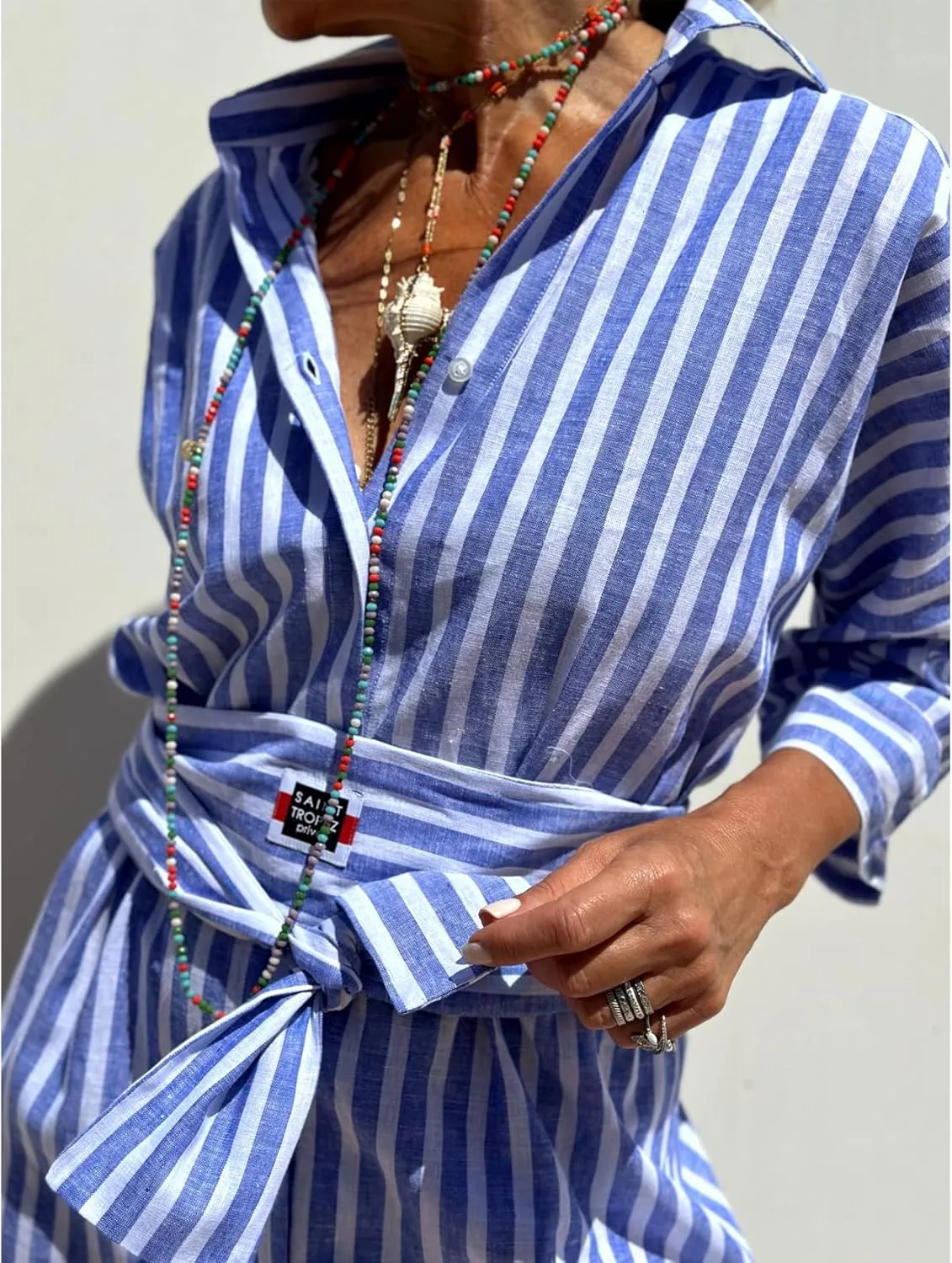 Perbai Women's Striped Button Down Long Shirt Dress Casual V Neck 3/4 Sleeve Belted Split Maxi Tunic Dresses