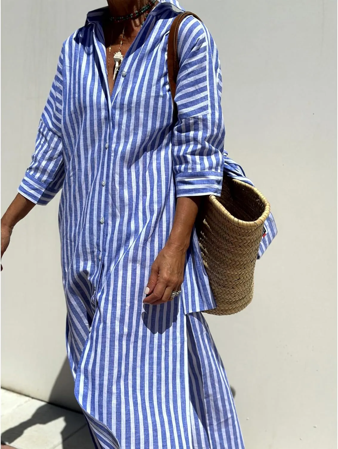 Perbai Women's Striped Button Down Long Shirt Dress Casual V Neck 3/4 Sleeve Belted Split Maxi Tunic Dresses