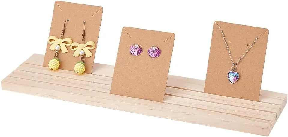 PH PandaHall 1 Pack Wooden Earring Holder, 3 Slot Earring Display Stand Wood Business Card Holder Ring Jewelry Organizer Tray for Tabletop Shows Earring Craft Showing Jewlry Display 11.8x3.05x0.41inch