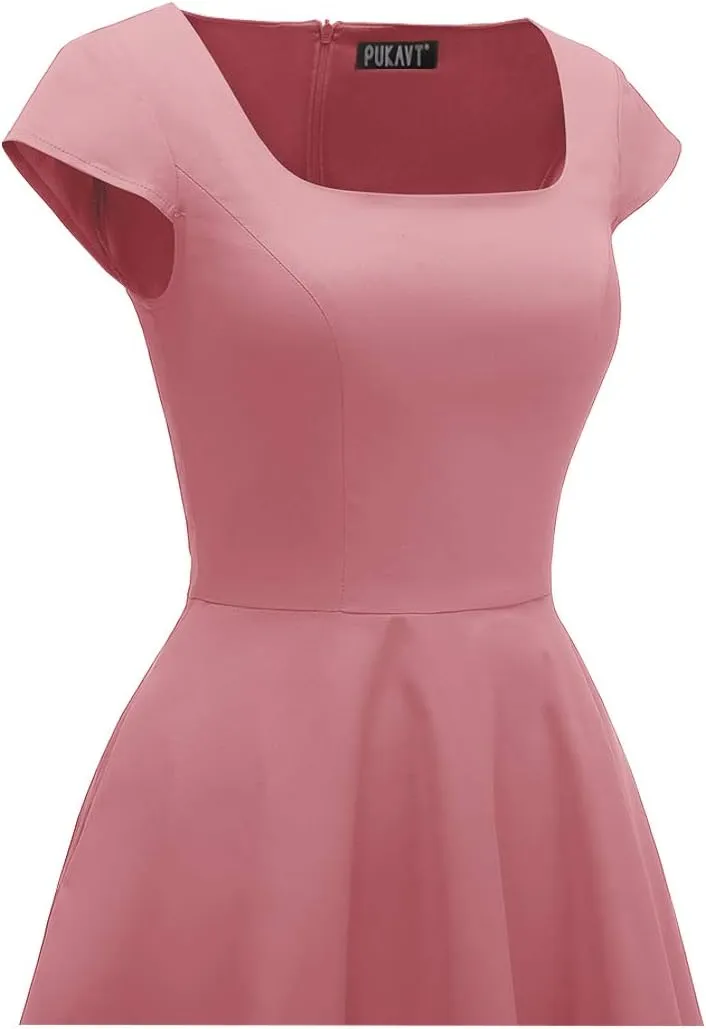 PUKAVT Women's Cocktail Party Dress Cap Sleeve 1950 Retro Swing Dress with Pockets