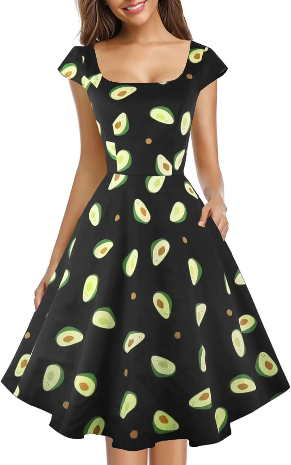 PUKAVT Women's Cocktail Party Dress Cap Sleeve 1950 Retro Swing Dress with Pockets