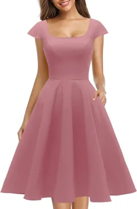 PUKAVT Women's Cocktail Party Dress Cap Sleeve 1950 Retro Swing Dress with Pockets