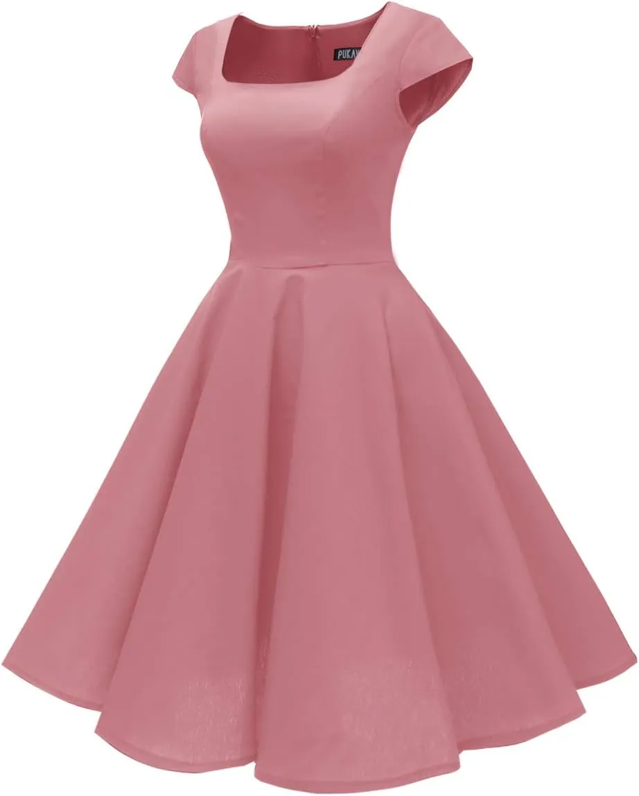 PUKAVT Women's Cocktail Party Dress Cap Sleeve 1950 Retro Swing Dress with Pockets