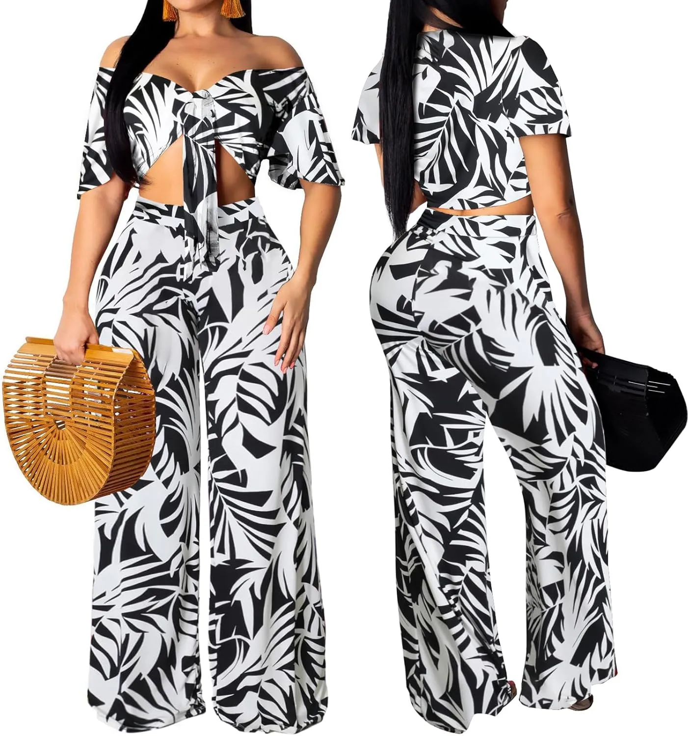 sexycherry Two Piece Outfits for Women Beach Bandage Crop Top Long Straight Pants Vacation Swimwear Cover Ups Sets