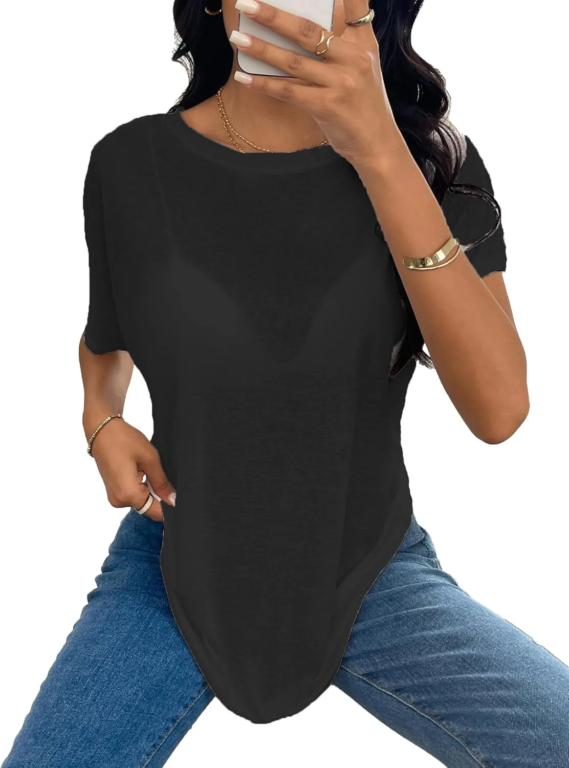 Sheer Tops for Women See Through Oversized T Shirts, Short Sleeve Casual Summer Blouse