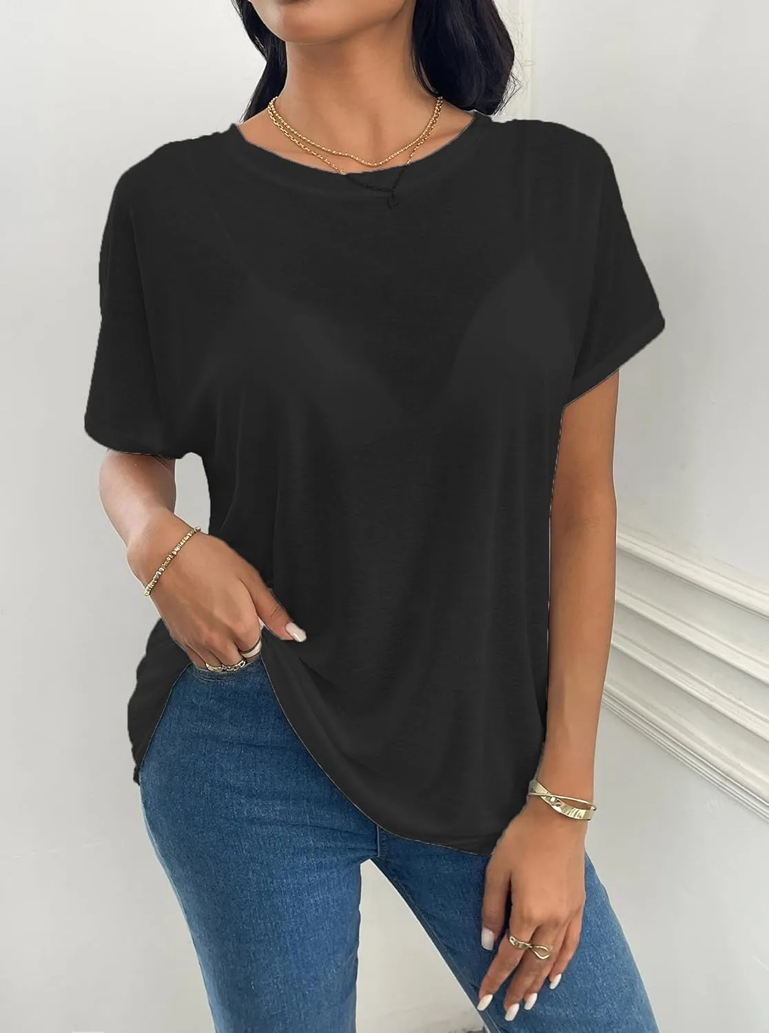Sheer Tops for Women See Through Oversized T Shirts, Short Sleeve Casual Summer Blouse