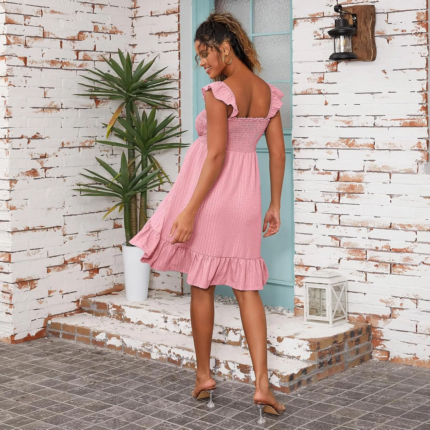 Sleeveless Maternity Dress Ruffled Shoulder Strappy Loose Smocked Pregnant Dress Summer