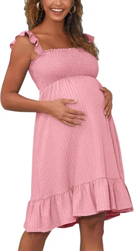 Sleeveless Maternity Dress Ruffled Shoulder Strappy Loose Smocked Pregnant Dress Summer